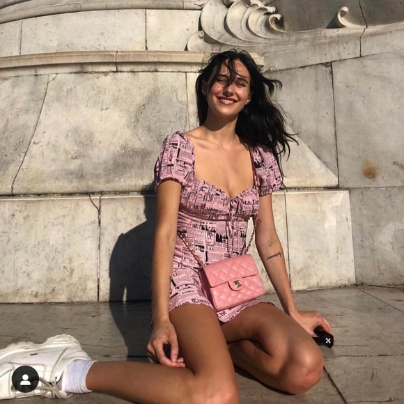 NWT Realisation Par Venus Newspaper Print magazine Silk babydoll Mini Dress pink - Picture 1 of 16